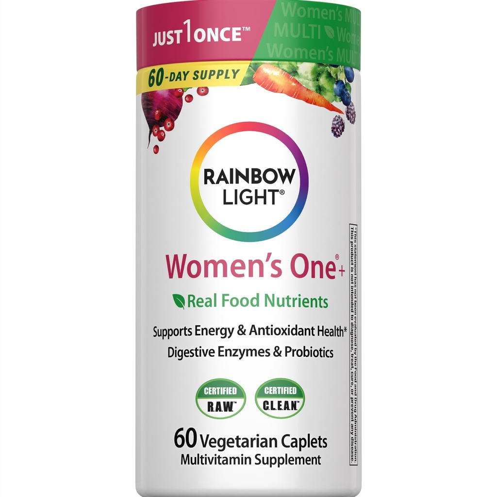 Rainbow Light Womens One High- Potency Daily Multivitamin, Womens Multivitamin giver høj - Potency Immunsupport, Med C-vitamin, Biotin og Ashwagandha, Vegetar, 60 Greve