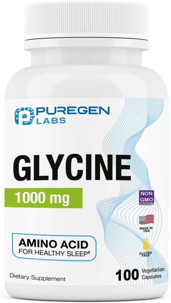 Puregen Labs Glycine 1000mg [høj potens] 100 Vegetariske Kapsler, Promoes Sund Sover Sleep (124; Ingen Farlige Tilsætningsstoffer) 124; Non- GMO, NO Gluten og Dairy; Lavet i USA - 100 Servering