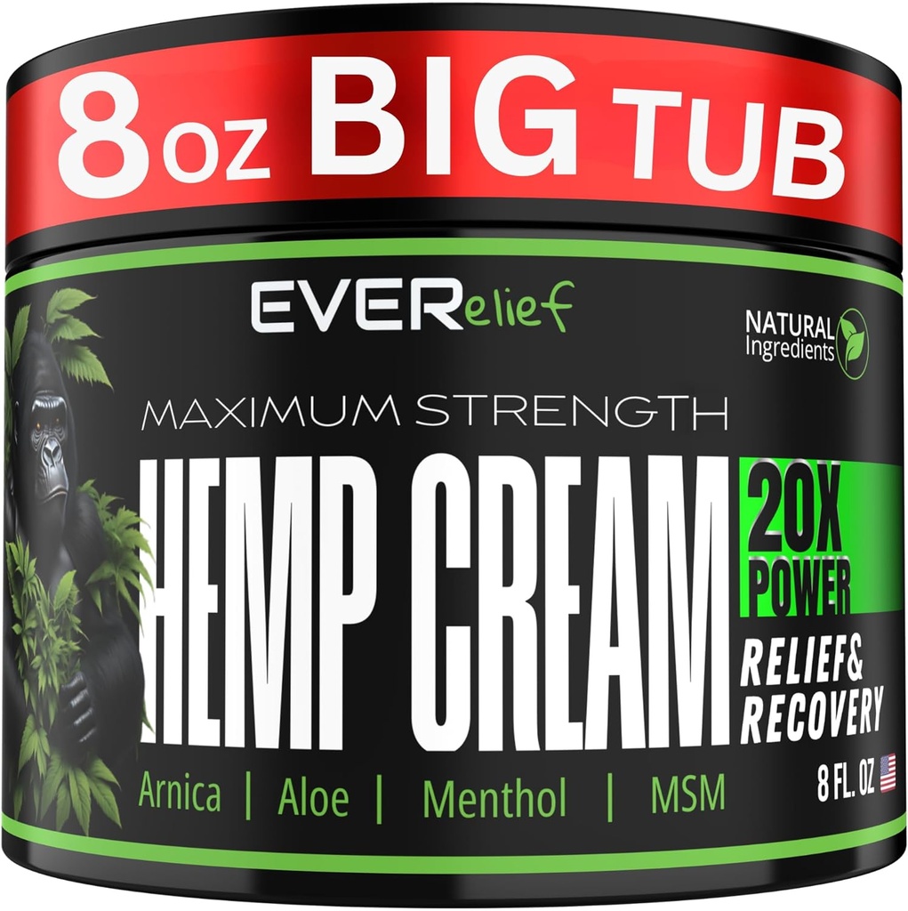 HempCream Maksimal styrke Relief Cream 8 OZ - Relieve Knee, Hip, Joint, Muscle & Lavere Rygsmerter Support 124; Natural Lotion Made in USA med Hempolie, MSM, gurkemeje og Arnica.