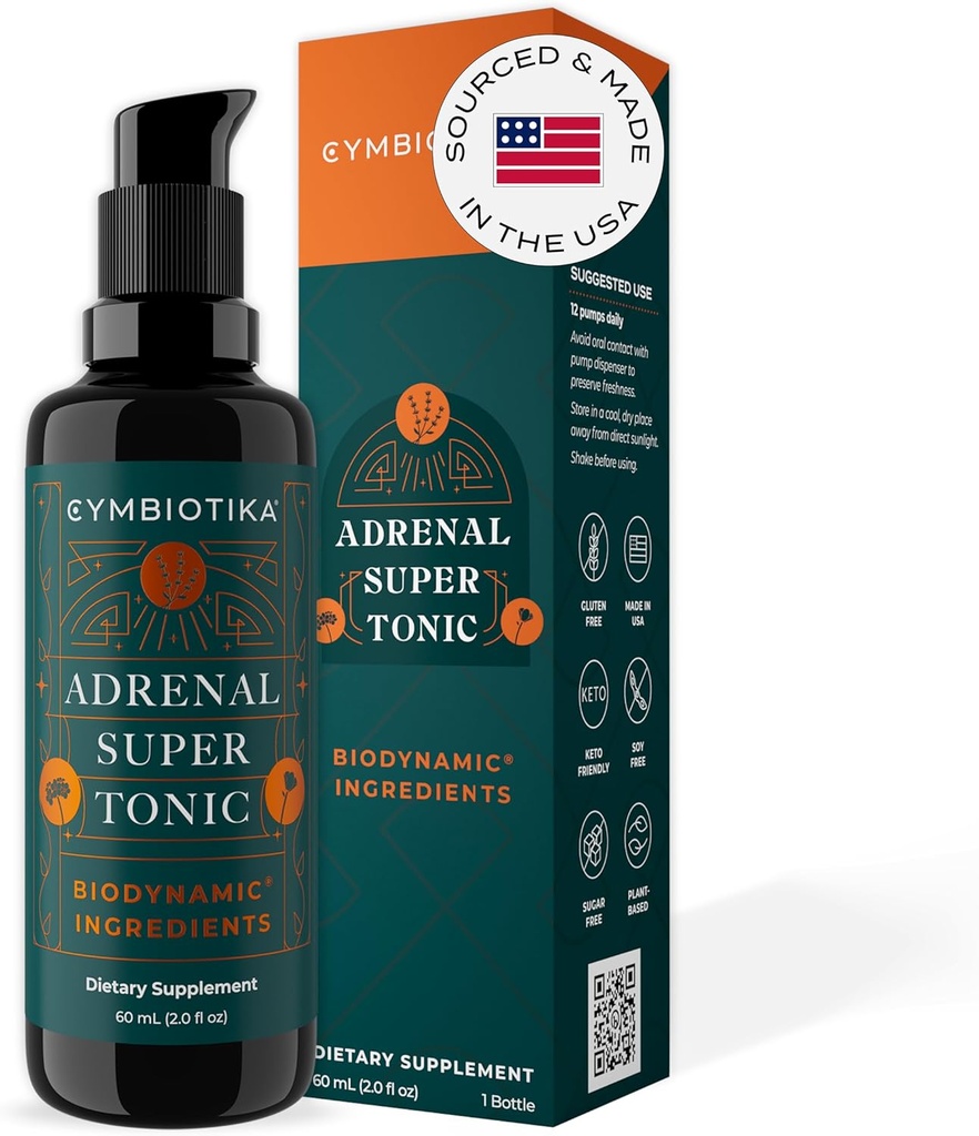 CYMBIOTIKA binyrerne Super Tonic Liquid tillæg med Ashwagandha, Zink, Lavendel, Holy Basil, for immunforsvar & afslapning, Gluten Free, Vegan, Keto, Berry, 2 fl oz