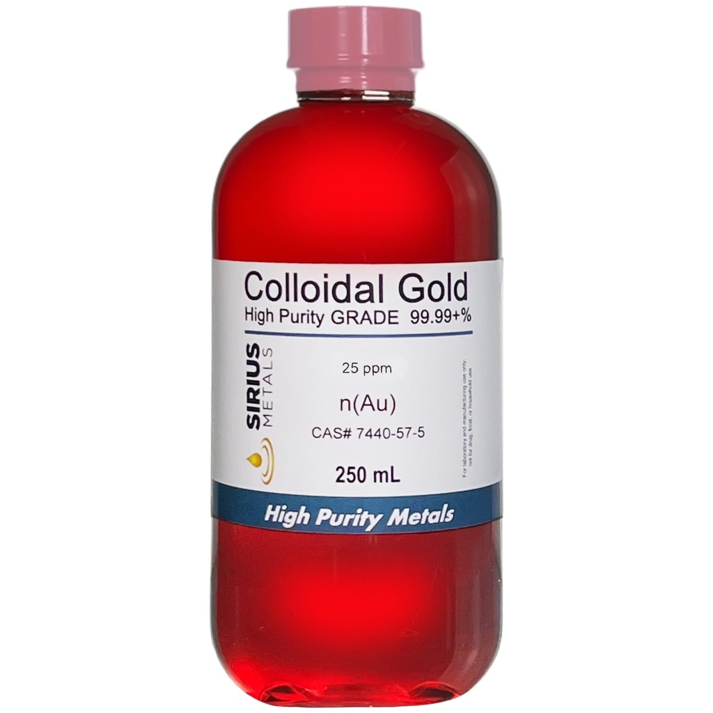Sand kolloid guld - 25 ppm - 99,99 +% renhed - 250 ml (8.45 Fl Oz) i klar BPA- fri plastflaske - Made in USA