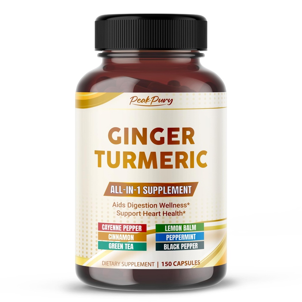 Ultra Ingefær & Gurkemeje Hjælpemidler Fordøjelse & Understøtter Heart Health - Inkluderer Cayenne Pepper, Lemon Balm, Cinnamon, Pebermynte, Green Tea - Lavet i USA- 150 Kapsler