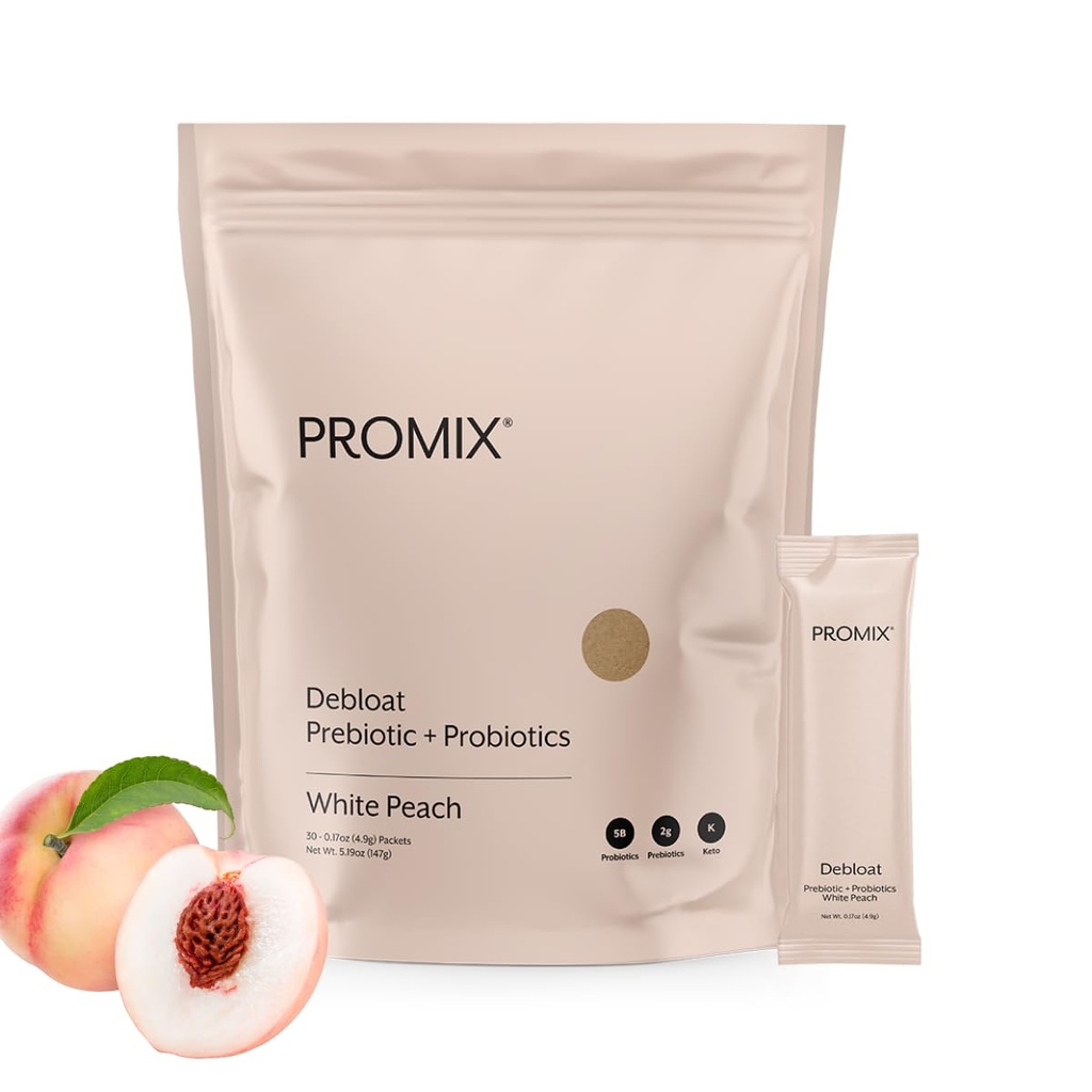 ProMix Nutrition Debloat Prebiotics and Probiotics, Bloating Relief for Women, Gut Rense Detox for mænd og immunforsvar - White Peach - 30 Servering (Pack of 30)