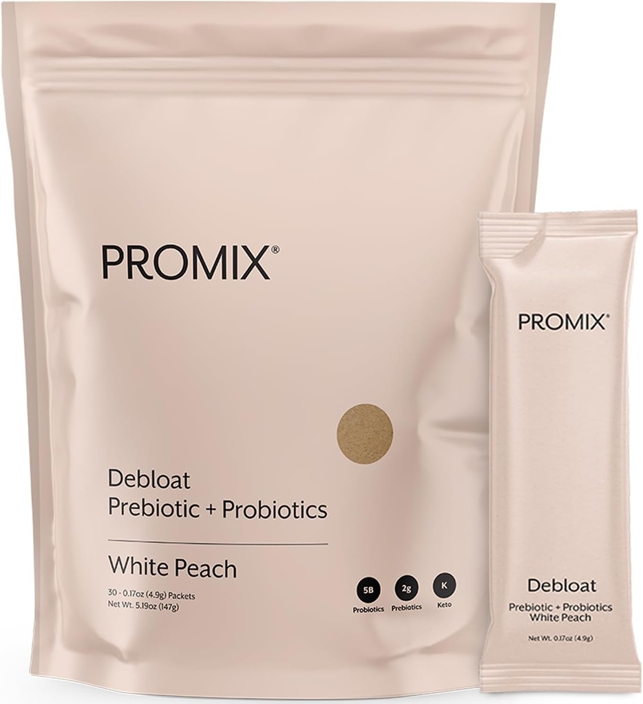 ProMix Nutrition Debloat Prebiotics and Probiotics, Bloating Relief for Women, Gut Rense Detox for mænd og immunforsvar - White Peach - 30 Servering (Pack of 30)