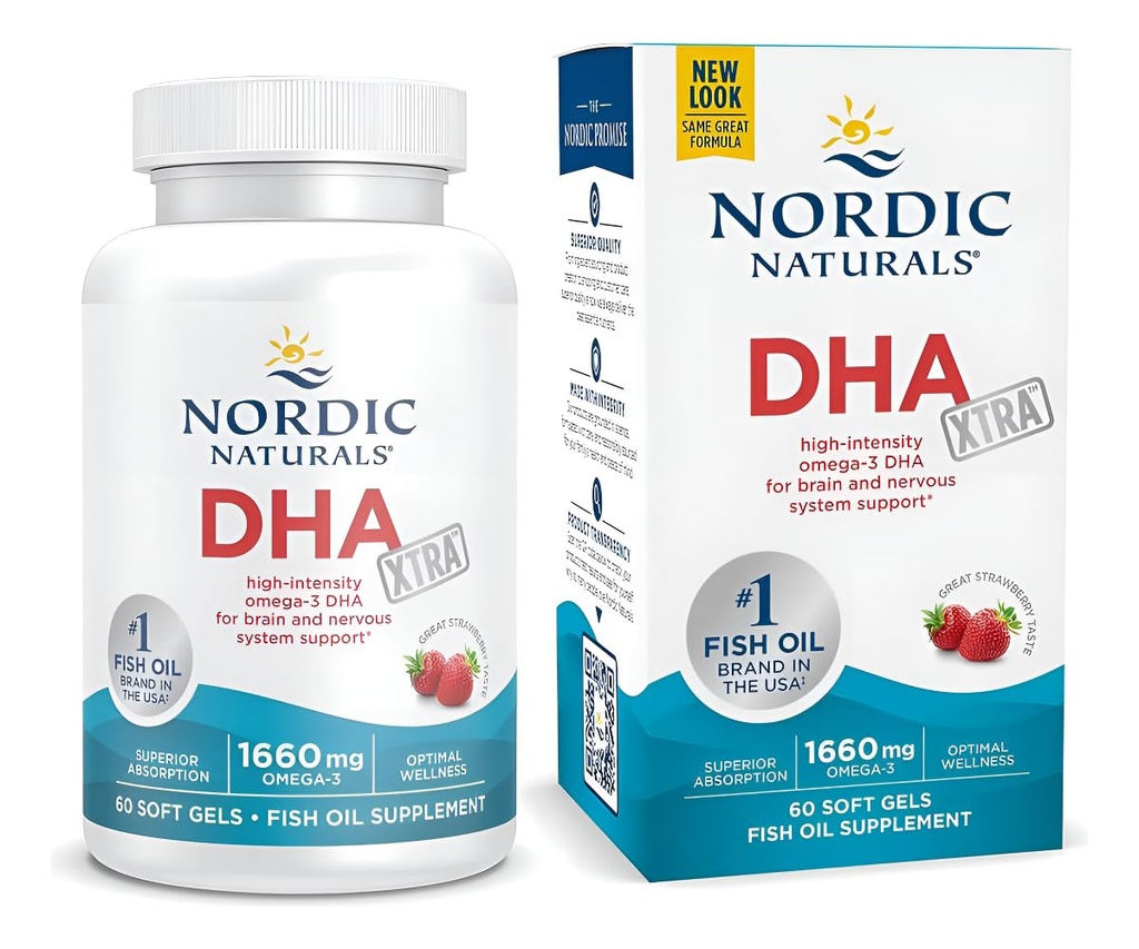 Nordic Naturals DHA Xtra, Strawberry - 60 Soft Gels - 1660 mg Omega-3 - High-Intensity DHA Formel til brain & Nervesystemet support - non-GMO - 30 Servere
