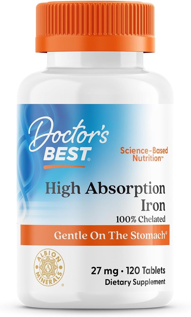 Doctor's Best High Absorption Iron Tablet with Ferrochel, Gentle on The Stomach, Immune Health, Blood Health, 27 mg