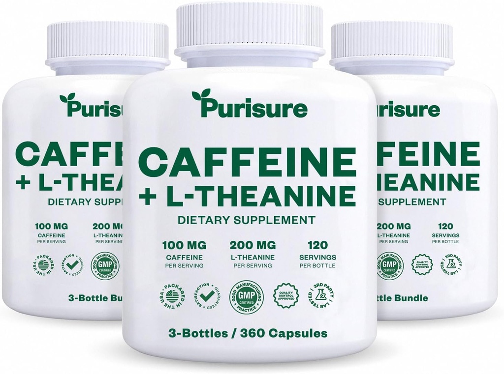 Fritid Koffein Theanin Capsules Pills 100mg Koffein + 200mg L Theanin for Pre Workout Energy, og Clarity Energy Pills for Træthed, Nootrop Supplement, 120 Day Supply, Pack af 3