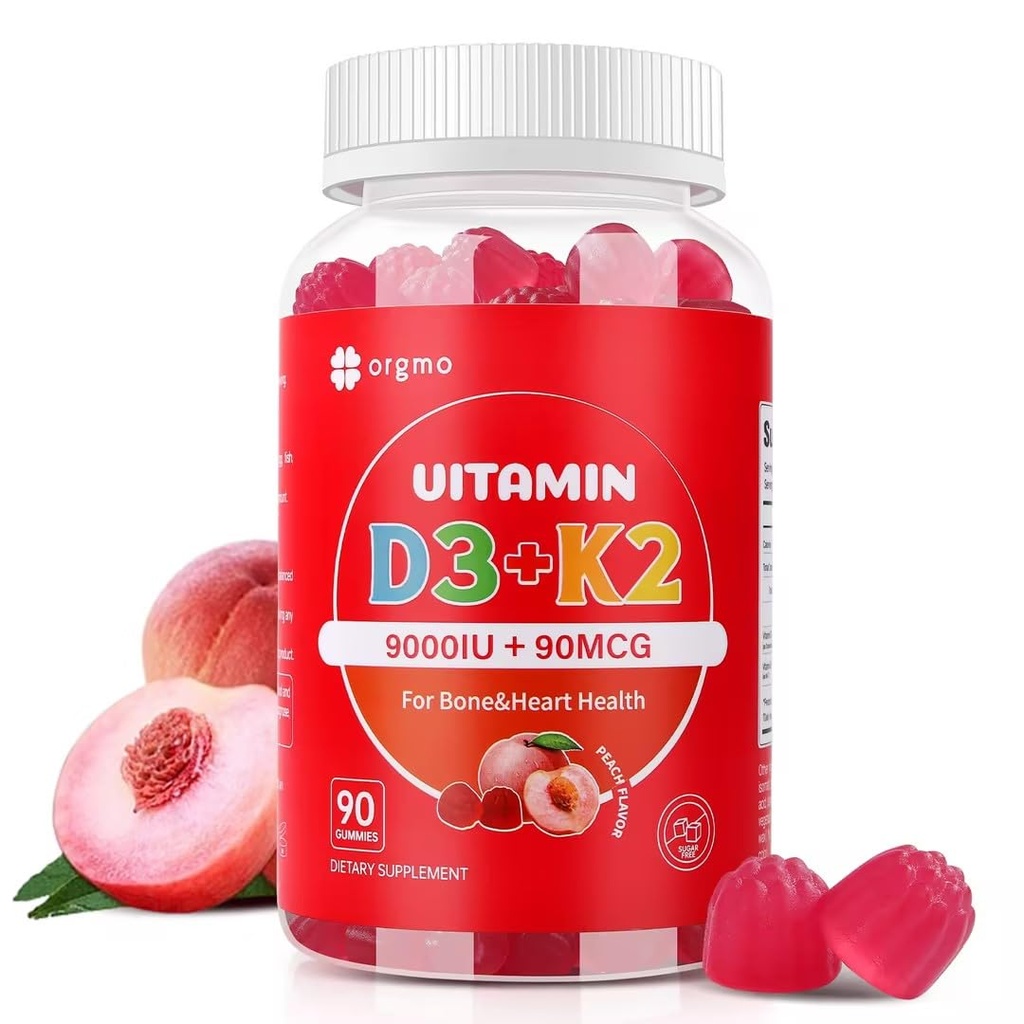 Vitamin D3 K2 Gummies - 90 Count Sugar Free Vitamin D3 9000 IE + K2 (MK- 7) 90 mcg for ben & immunforsvar, Vegan Chewable K2 D3 Vitamin supplement til kvinder (Peach Flavor)