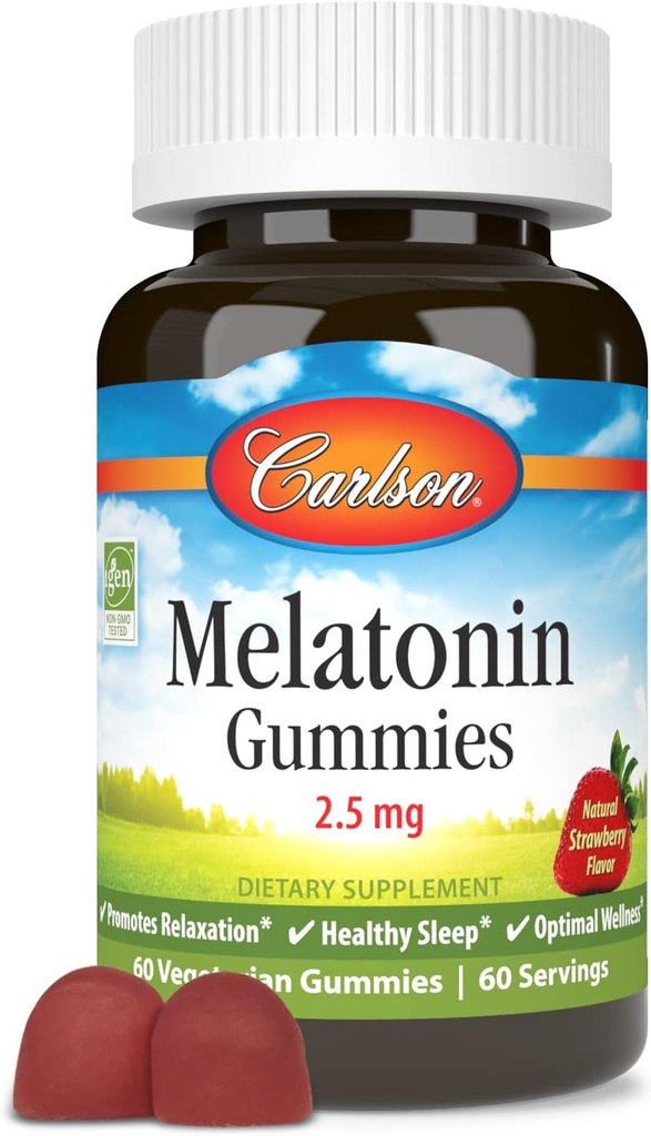 Carlson - Melatonin Gummies, 2, 5 mg, Sund søvn, fremmer afslapning, Natural Strawberry Flavor, 60 Gummies
