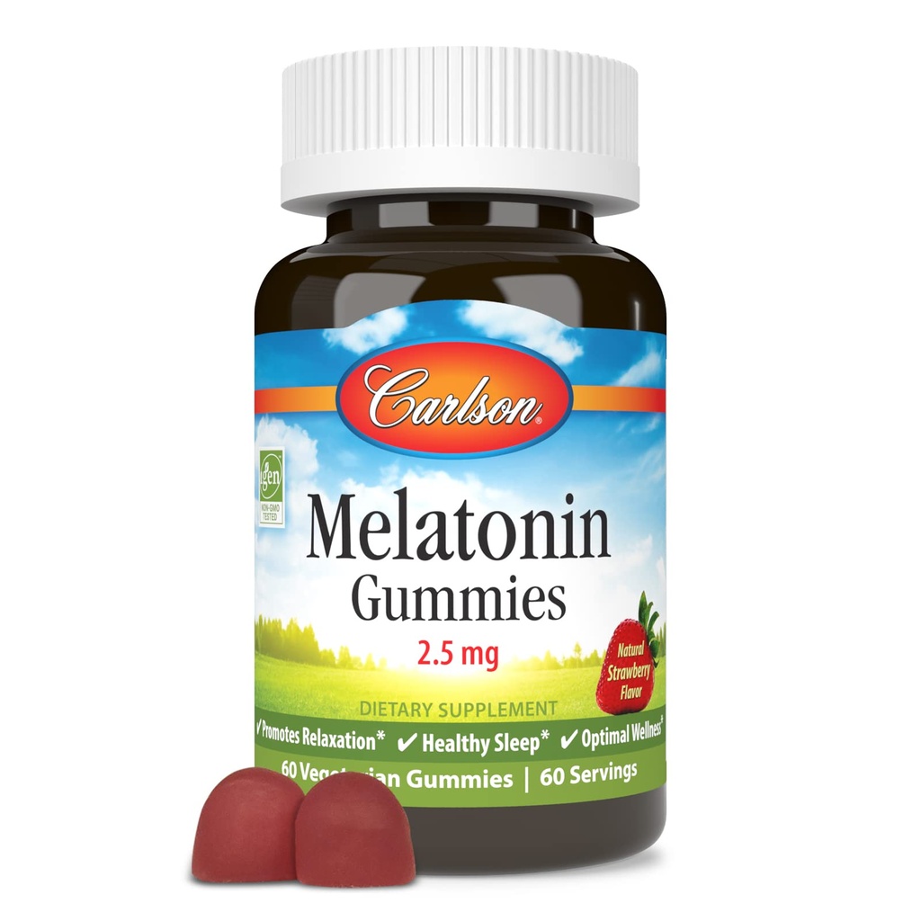 Carlson - Melatonin Gummies, 2, 5 mg, Sund søvn, fremmer afslapning, Natural Strawberry Flavor, 60 Gummies