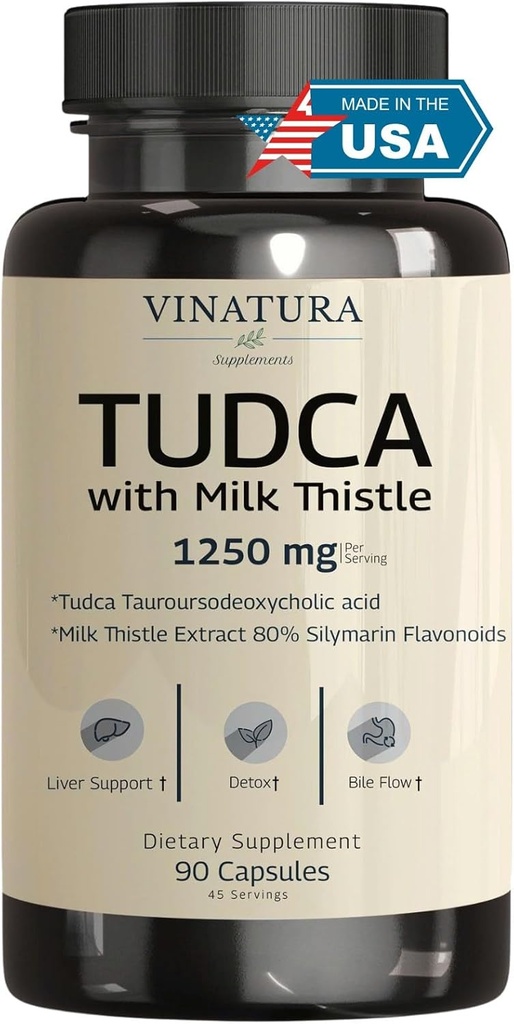 VINATURA TUDCA Milk Thistle 1250mg - Tudca Supplement, Tudca Bile Salts, Leverstøtte, Gallblære Kosttilskud * USA Made and Tested * Bile Salts Supplement - 90 Kapsler