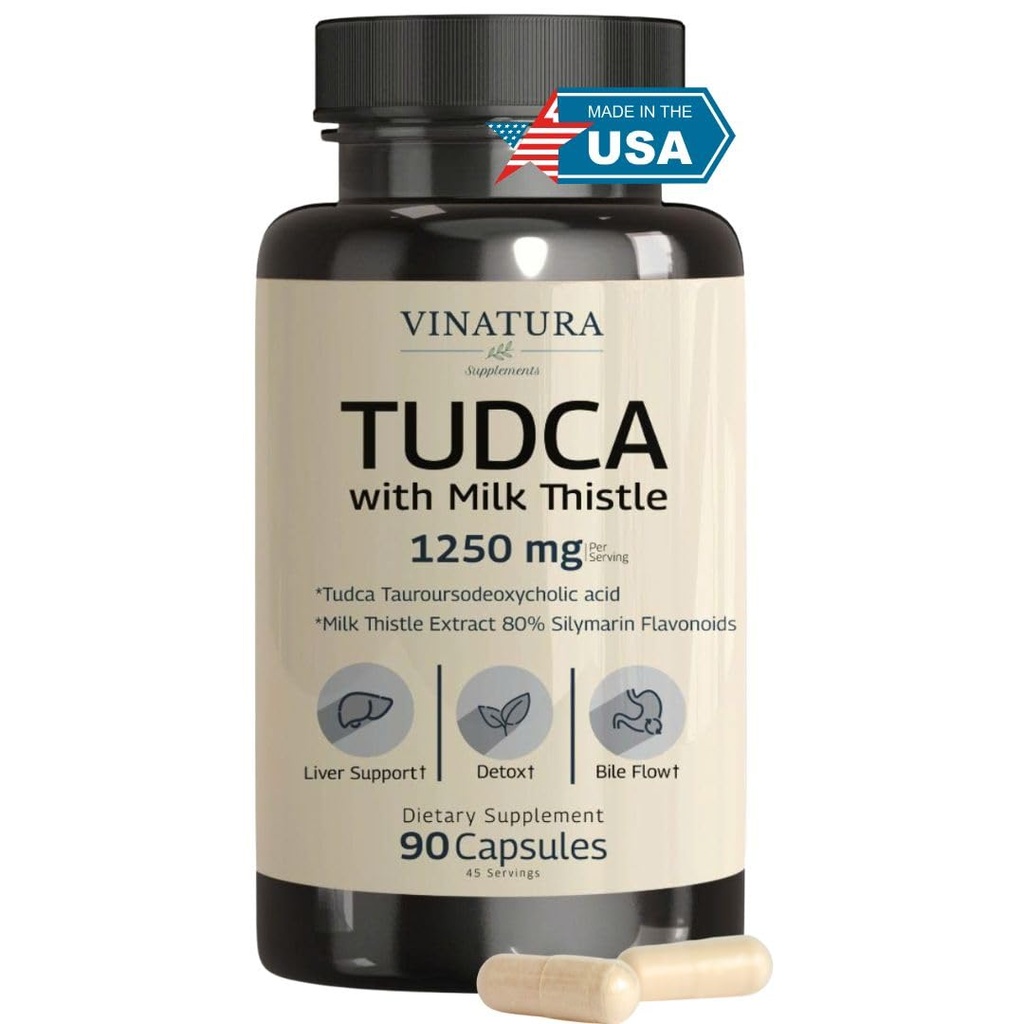 VINATURA TUDCA Milk Thistle 1250mg - Tudca Supplement, Tudca Bile Salts, Leverstøtte, Gallblære Kosttilskud * USA Made and Tested * Bile Salts Supplement - 90 Kapsler
