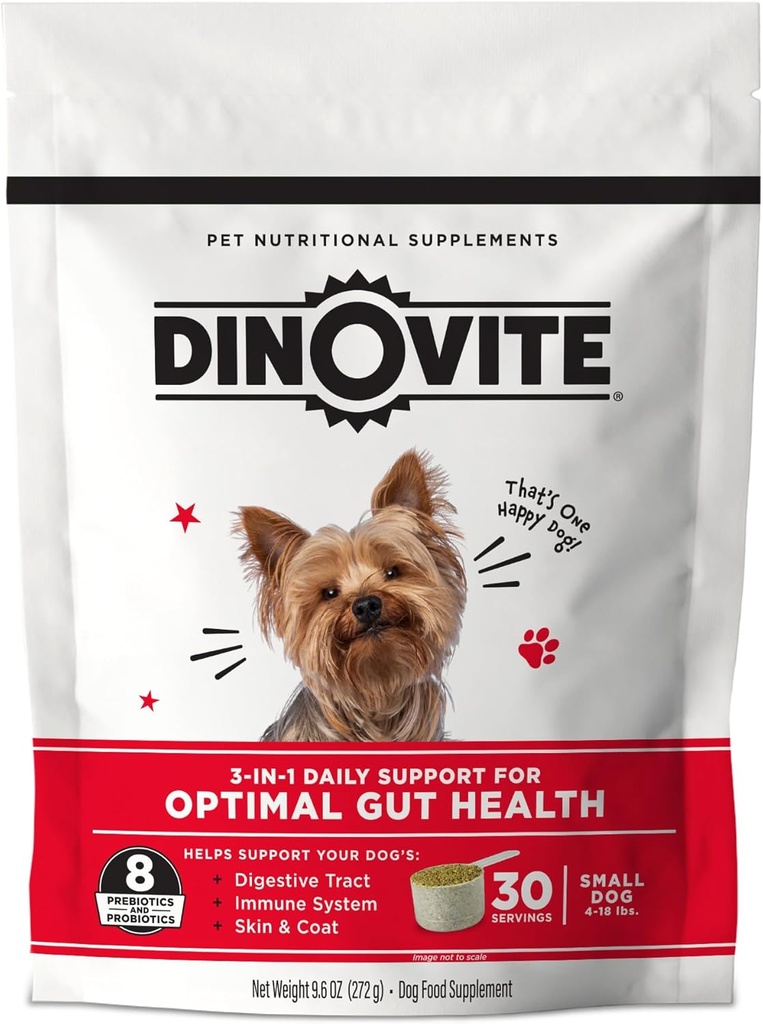 Dinovite 3 i 1 Probiotisk til små hunde, Hud & Coat, fordøjelsesbesvær og fælles relief, hund mad toppers, immunforsvar, Allergi Relief & Itch Relief hudpleje, 30 Servering (1-18lb)