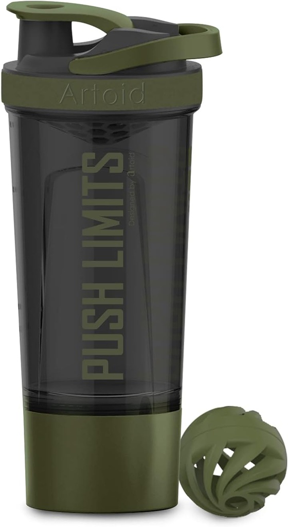 Artoid Sports Protein Shaker Flaske, 24-Ounce, Dual Mixing Technology, BPA Free, Black / Moss Green