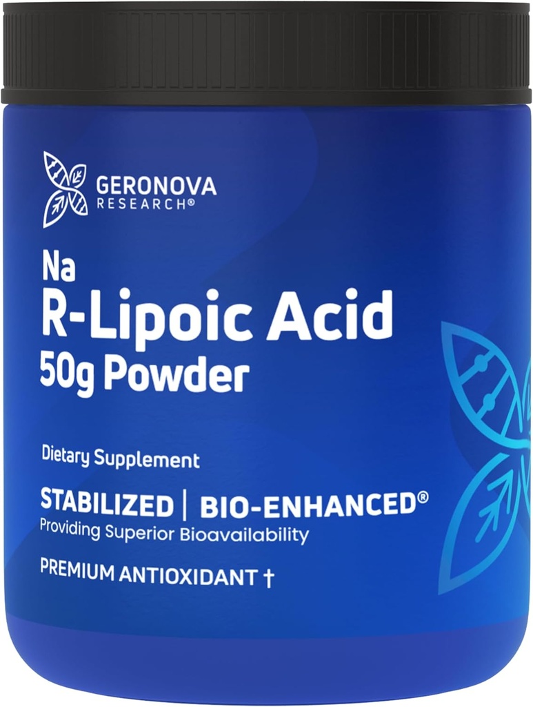 Geronova Research Bio- Enhanced Na R- Lipoic acid Powder, 50g - 4 Monthly Supply - Stabilized R Alpha Lipoic acid Powder for Flexible Dosering - Easy Mixing & Enhanced Absorption Nerve Support Supplement