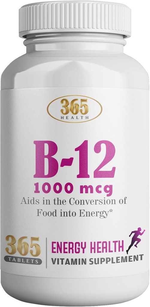 365 Health by HEALTHLIFE Vitamin B12 1000mcg Tablets, Support Energy Conversion, Dietary Supplement for Energy Metabolism Support, 365 Day Supply