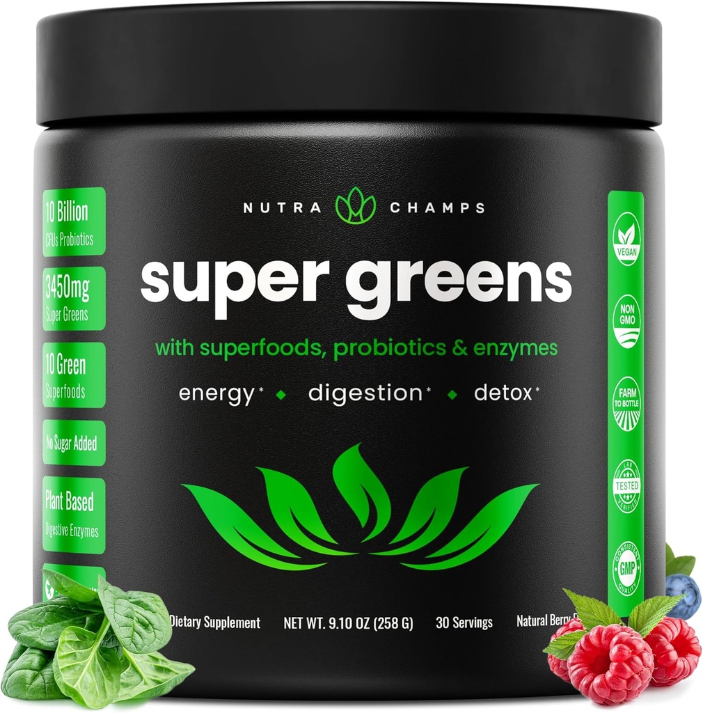 NutraChamps Super Greens Powder Premium Superfood Mead124; 20 + Organic Green Veggie Whole Foods 124; Hvedegræs, Spirulina, Chlorella Mead124; Antioxidant, fordøjelsesmiddel Enzyme & Probiotiske blandinger (9.0 Oz, Berry)