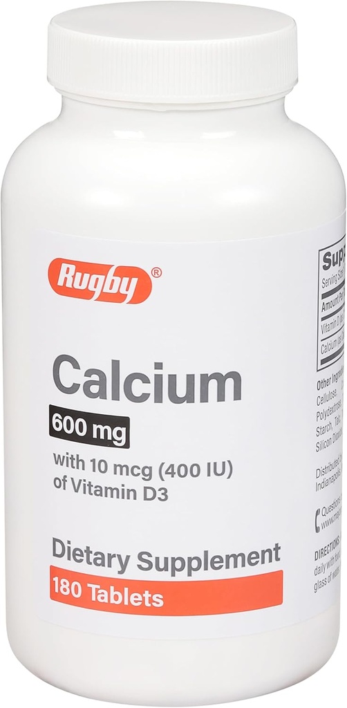 Rugby 600 mg Calciumtabletter - Lavet med 10mcg (400IE) D3- vitamin - Kosttilskud - 180 Tæl (1 pakke)