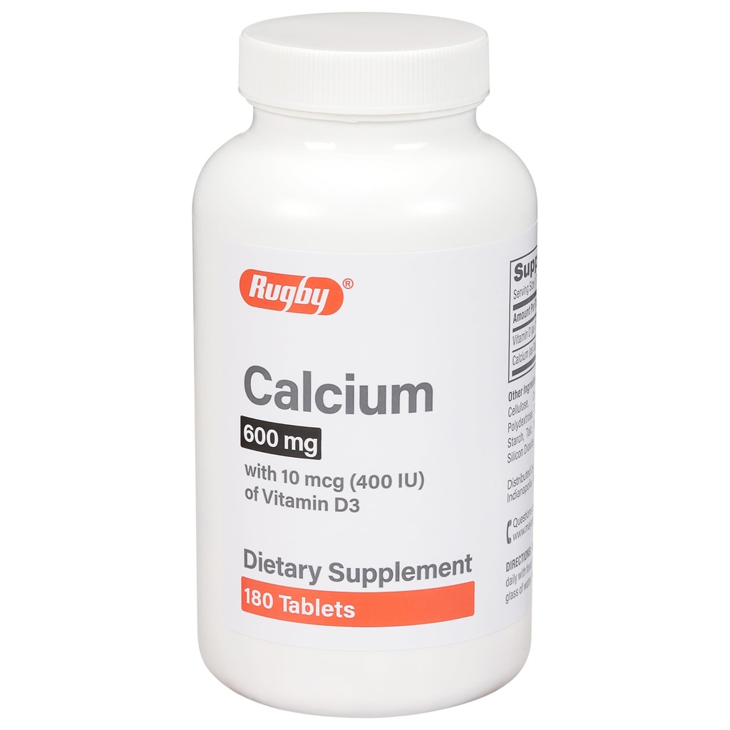 Rugby 600 mg Calciumtabletter - Lavet med 10mcg (400IE) D3- vitamin - Kosttilskud - 180 Tæl (1 pakke)
