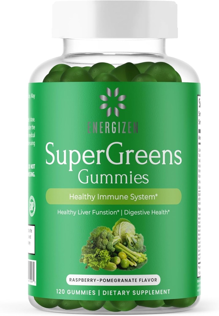 Green Superfood Gummies Plus - Understøtter sund lever, fordøjelsessygdomme og immunsystem - Vegan, non-GMO, Gluten- Free - Hindbær & Pomegranat Flavor - 120 Greve