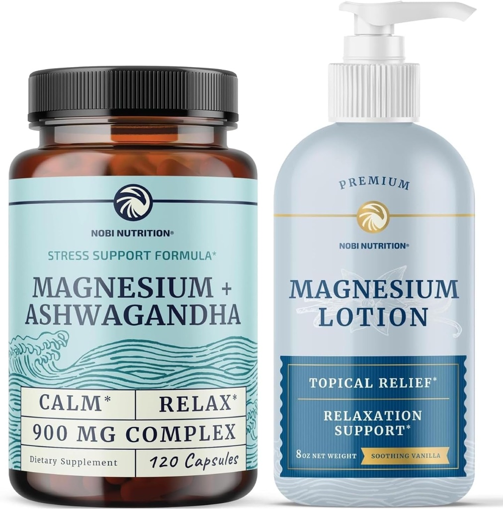 Nobi Nutrition Magnesium Lotion og Magnesium Ashwagandha Supplement Note 124; Full Body Magnesium Support for Body and Mind med 8 Fl Oz Topical Magnesium Plus 2 Month Supply Magnesium Complex Pills