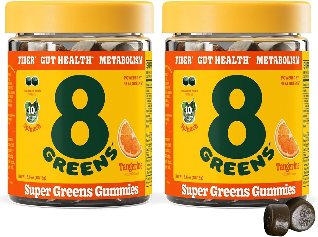 8Greens Daily Fiber Super Green Gummies - Tangerine Flavor: Boost immunsystem & fordøjelsessundhed med 8 Real Green - non-GMO formel, Chewables, 50 Vegansk Gummies, pakke med 2