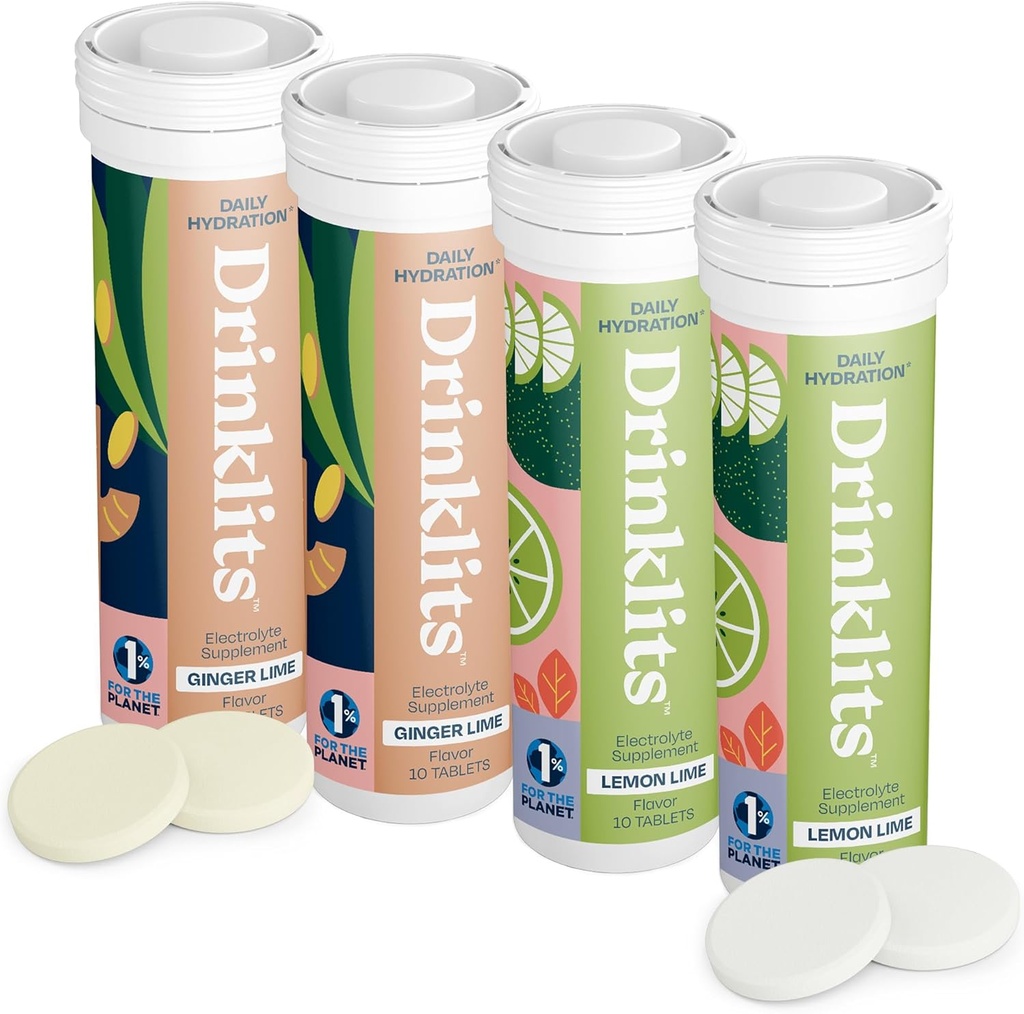 Drinklits Ginger- Lime & Lemon- Lime Electrolyte Tablets (4) Tube Bundle Note 124; Daily Hydration Combo Pack- 124; Great Smag - 0g Sukker - Natural Sports Drink 124; 40 Servering - 10 tabletter Per Tube