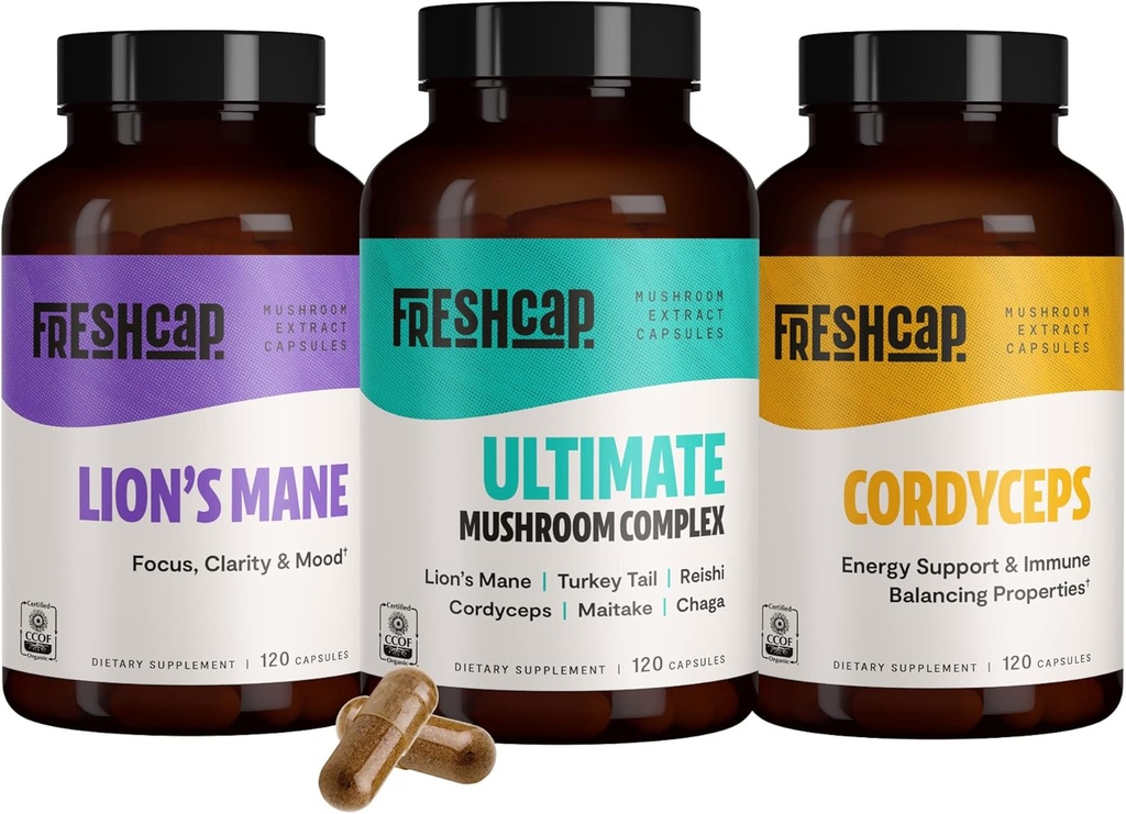 FreshCap svampe Populære svampe Bundle, Kapsler (Lions Mane, Cordyceps, Ultimate Mushroom Complex) Kapsler