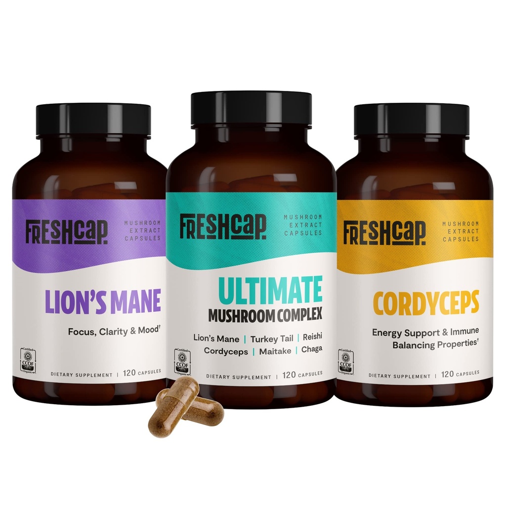 FreshCap svampe Populære svampe Bundle, Kapsler (Lions Mane, Cordyceps, Ultimate Mushroom Complex) Kapsler