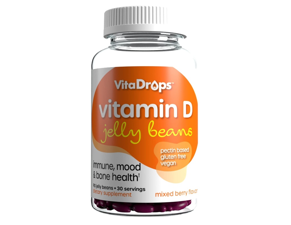 D-vitamin Jelly Beans, understøtter immunforsvar, fremmer ben sundhed, Pectin baseret, Vegan & Gluten Gratis, Blandede Berry Flavor, 90 Jelly Beans, 30 Servering