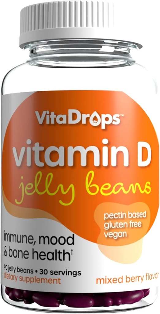 Vitamin D Jelly Beans, Supports Immune Health, Promotes Bone Health, Pectin Based, Vegan & Gluten Free, Mixed Berry Flavor, 90 Jelly Beans, 30 Servings