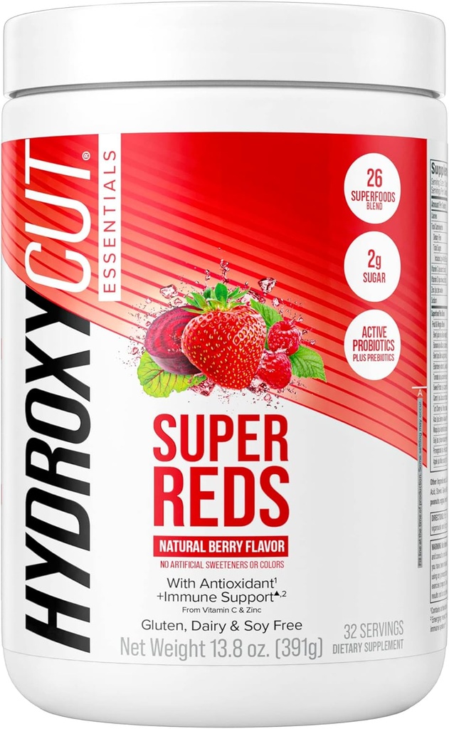 Hydroxycut Essentials Super Reds • 124; Superfood Powder • 124; vitamin C & Zink til immunforsvar • 124; Probiotika • 124; 26 Superfood Blend • 124; Soja, Gluten og Dairy Free (32 Servere)