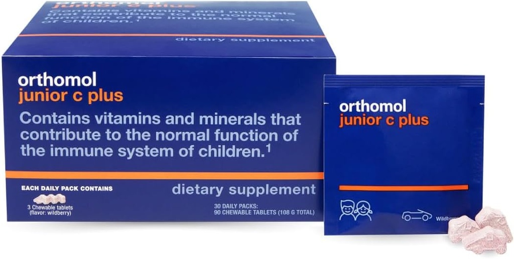 Orthomol Immun Junior C Plus, Kid 's Multivitamin, Wildberry Flavor, 30-dages levering