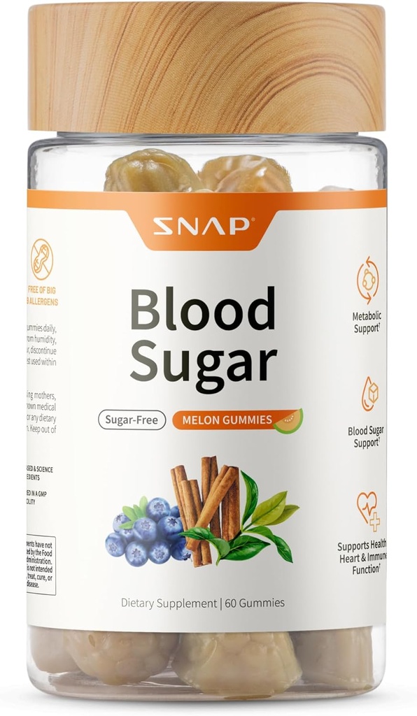 Snap kosttilskud Blodsukker Gummier, Support Sunde Blodsukker Niveauer og Sukker Metabolisme, Chewable Blodsukker Blend, Kanel Bark og Blåbær Frugt Udtræk, Natural Melon Flavor, 60 Gummies