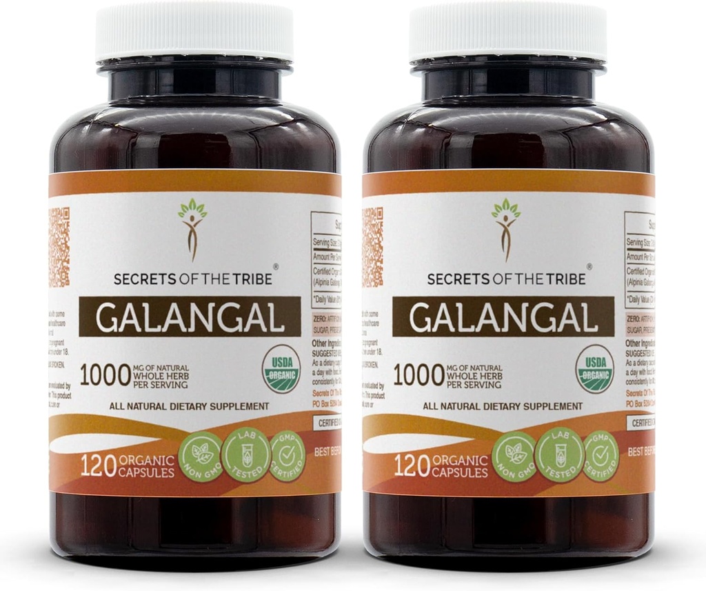 Secrets of the Tribe Galangal USDA Organic 120 Capsules (2 stk.) Note 124; Lavet med vegetariske kapsler og Certified Organic Galangal (Alpinia Galangal) Tørret rod (2x120 Capsules)