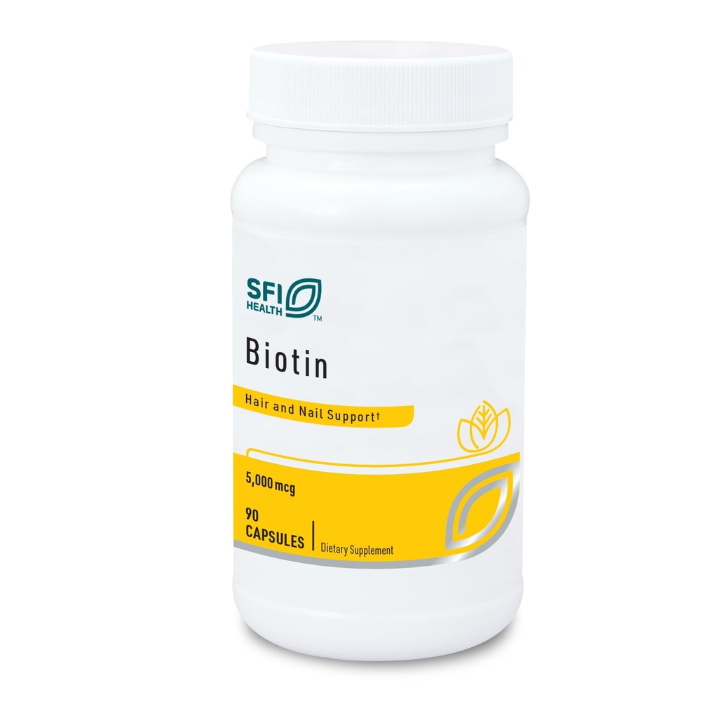 Klaire Labs SFI Health 5000mcg biotin piller - høj potens biotin supplement - Vitamin involveret i hud og hår ernæring - Corn- Free, Small, Easy- to- Swallow Hypoallergene piller (90 Caps)