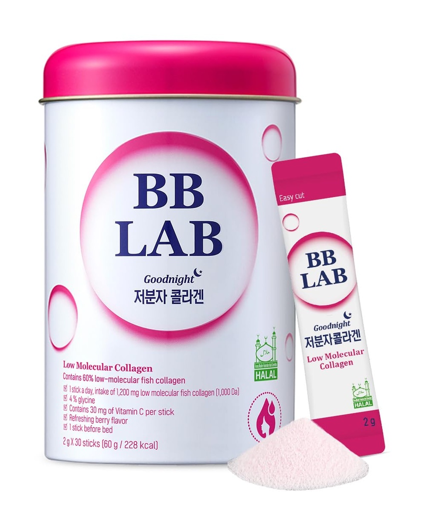 BB LAB Good Night Low Molecular Collagen Powder Stick Supplement, Halal Certified, Koreansk Marine Collagen, Fish Collagen Peptider, C-vitamin, Glycin, Fast Absorption, Mix Berry Flavor
