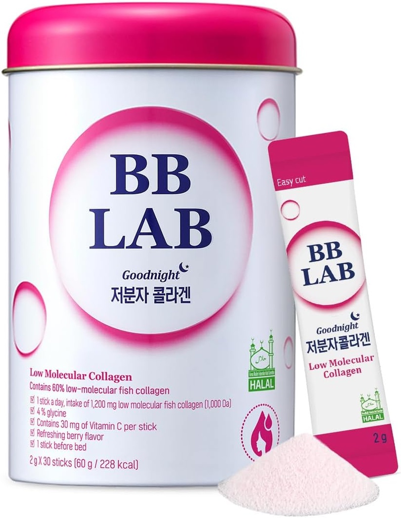 BB LAB Good Night Low Molecular Collagen Powder Stick Supplement, Halal Certified, Koreansk Marine Collagen, Fish Collagen Peptider, C-vitamin, Glycin, Fast Absorption, Mix Berry Flavor
