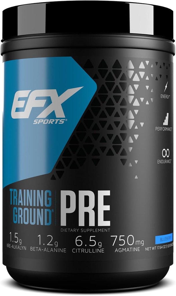 EFX Sports Training Ground Pre Workout Pulver124; Energy & Muscle Pumps • 124; med Hydromax Glycerol, Citrullin, Beta Alanine • 124; 300mg Koffein • 124; 20 Servering (Blåbær)