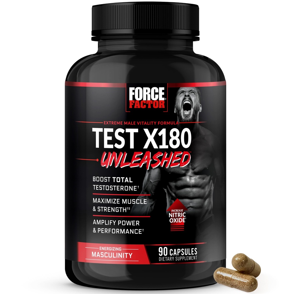 FORCE FACTOR Test X180 Unsleased Testosteron Booster for mænd til at opbygge muskler, øge styrke, og forbedre ydeevne, Testosteron tillæg for mænds sundhed, 90 kapsler
