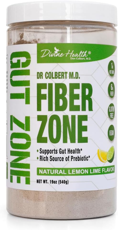 Guddommelig sundhed Dr. Colbert, MD Fiber Zone Pulver • 124; Lemon- Lime Flavor Prebiotics • 124; 6g Psyllium Husk Inulin • 124; Anbefalet i Sund Gut Zone Bog • 124; 19 oz • 124; 60 Servering