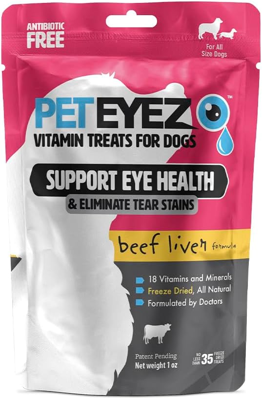 PetEyez Tear Stain Remover Vitamin Treats for Hunde - Support Eye Health & Reduce Itching & Tear Stain Buildup - 100% Natural Dog Treats w / Superfoods, Antioxidants & Nutrients - Beef Flavor - 1oz