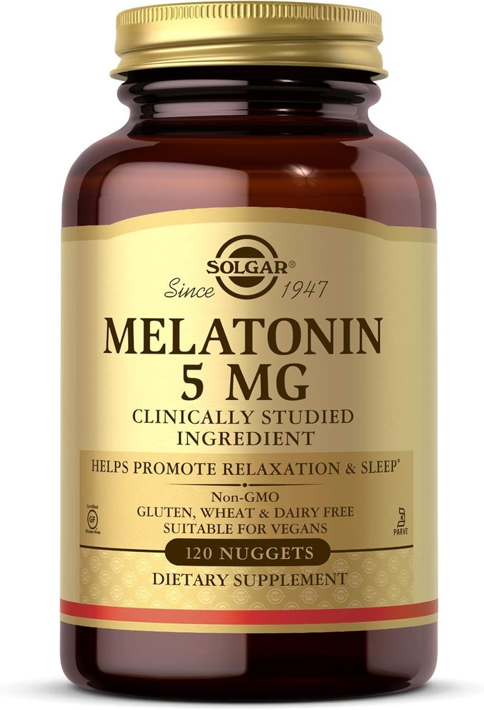 Solgar Melatonin 5 mg, 120 Nuggets - Hjælper med at fremme afslapning og hvile - Klinisk Studerede Melatonin - Vegan, Gluten Free, Dairy Free, Kosher - 120 Servere