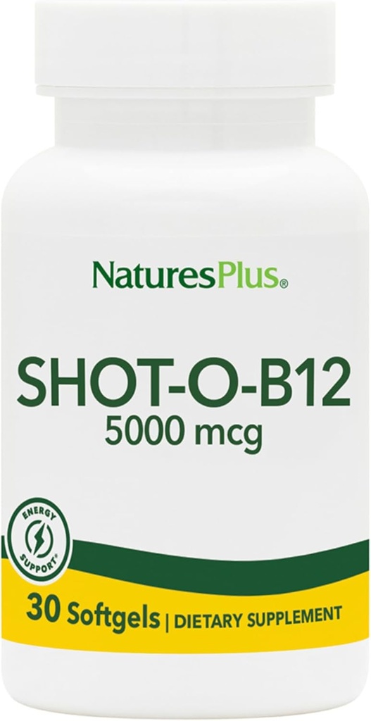 Natures Plus Shot- O- B12 (Cyanocobalamin) - 5000 mcg, 30 Softgels - High Potency, Fast fungerende B12 Supplement - Memory & Energy Booster - Gluten- Free - 30 Servere