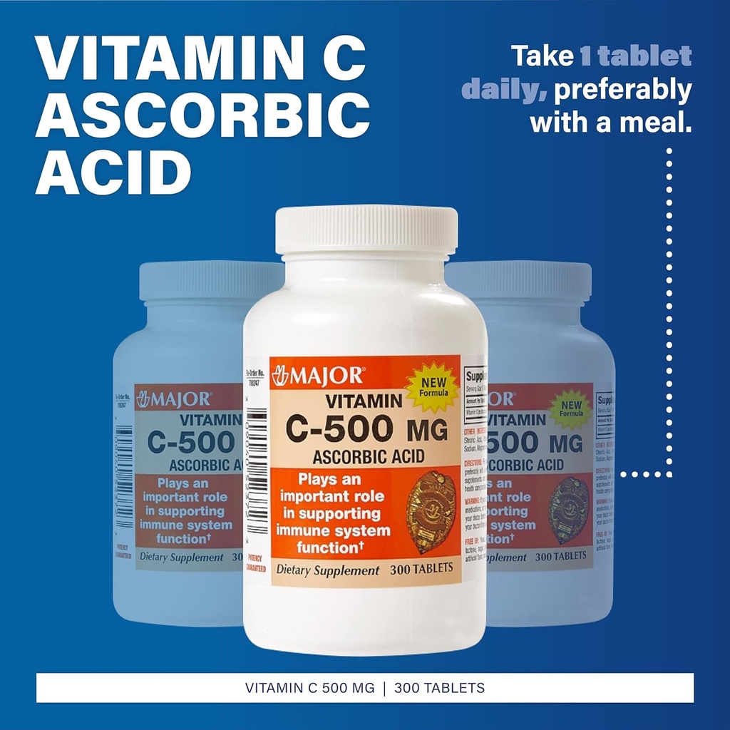 MAJOR vitamin C- 500 mg Ascorbinsyre - Ny formel - C-vitamin tabletter - Kosttilskud - 300 Tæl (1 pakke)