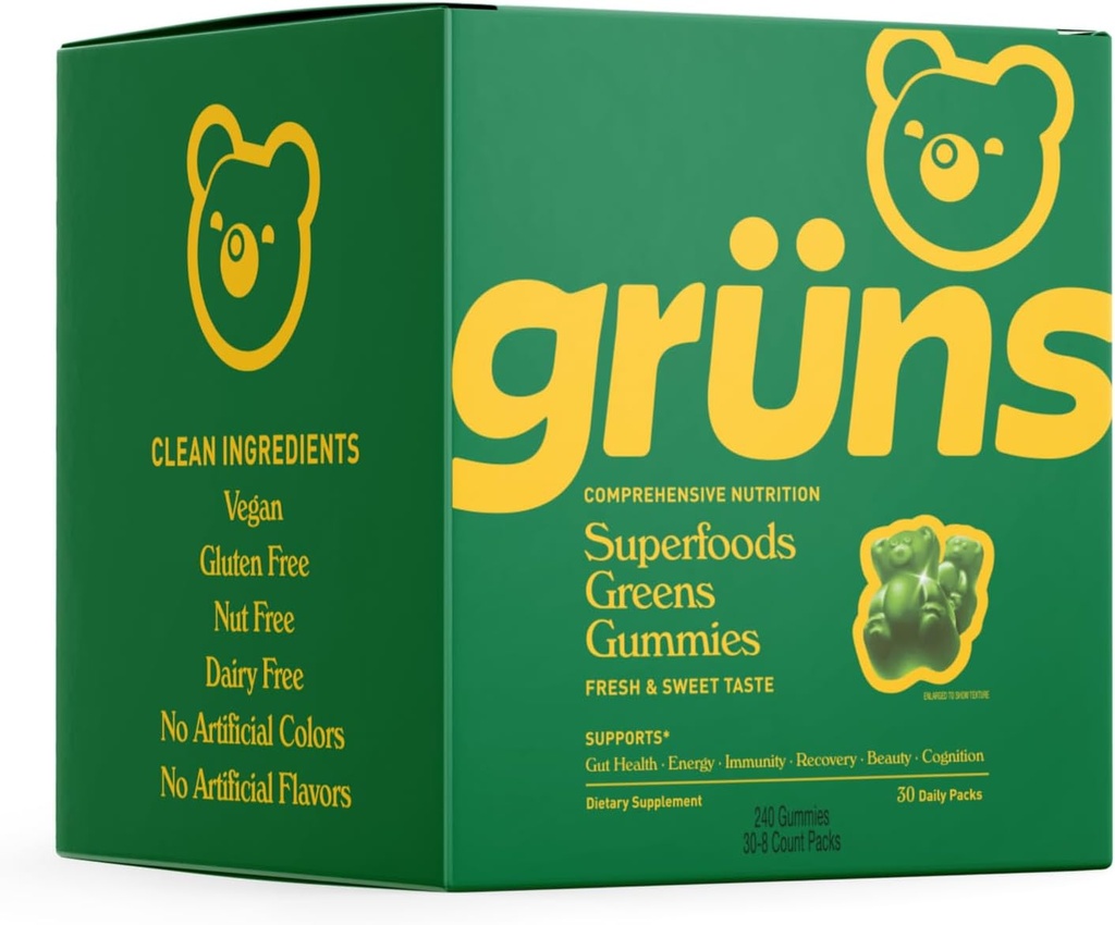 Gruns Super Green Gummy Bears - Økologisk Spirulina og Chlorella, Prebiotika til fordøjelse, 20 + Vitamin og Min - 30 breve - 240 Gummies