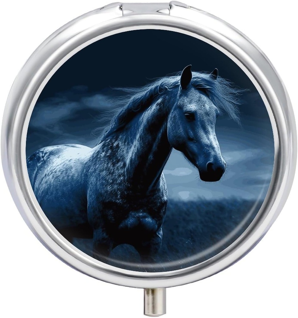 Blue Horse Pill Box 3 Segment Round Small Pill Case Rejse Pilleboks til Purse Pocket Metal Medicine Organizer Portable Pill Container Holder til at holde Vitaminer Medicin Fish Oil og kosttilskud