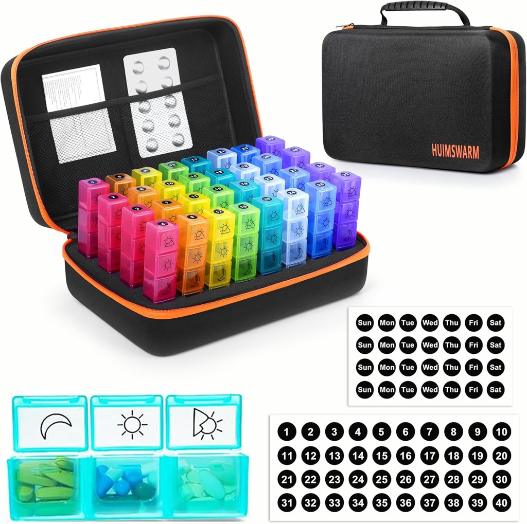 Månedlig Pill Organizer 3 gange om dagen, Pill Organizer 3 gange om dagen med32 dage Sticker & 4 uger Sticker & 32 daglige komiteer, Hold vitaminer, kosttilskud og medicin. Odorless, Sund Pill Box