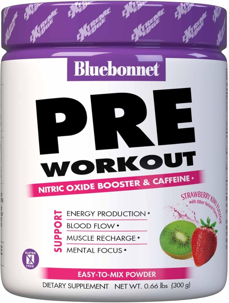 Bluebonnet Nutrition Extreme Edge Pre Workout, Muscle Recharging Formel *, Øger nitrogenoxid (NO) Niveau *, Soy- Free, Dairy- Free, Strawberry Kiwi, 30 Servering, 10.56 Ounce