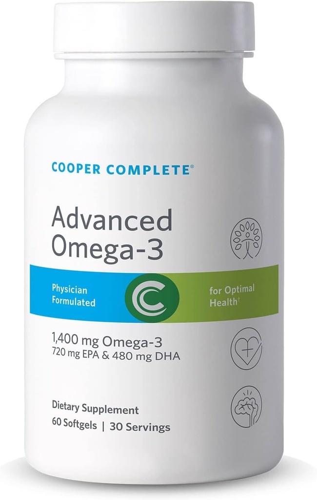 Cooper Complete - Advanced Omega 3 - Fish Oil Supplement, Koncentreret EPA + DHA Omega-3 Fedtsyrer 1400 mg - 60 Softgels per flaske. Pakning med 2